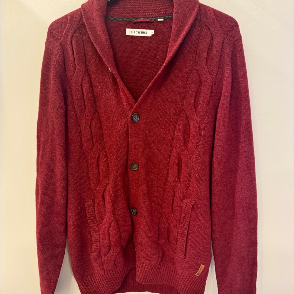 Ben Sherman Men's Burgundy Wool Blend Cable Knit Shawl Collar Sweater